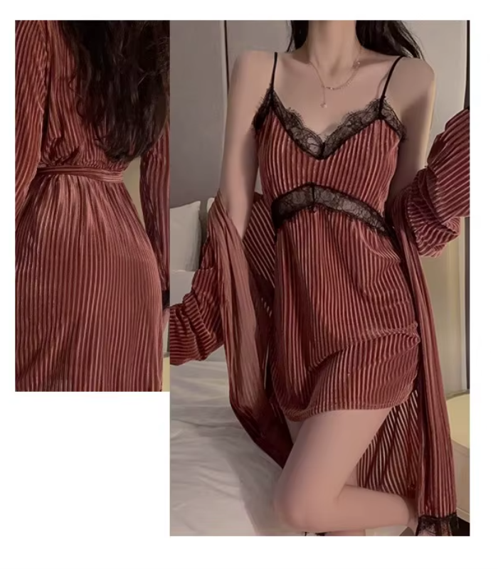 Suspender Simple Lace-up Robe Nightgown Underwear Pajamas Set