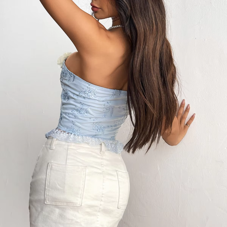 Bustier Lace Up Embroidery Strapless Corset Top