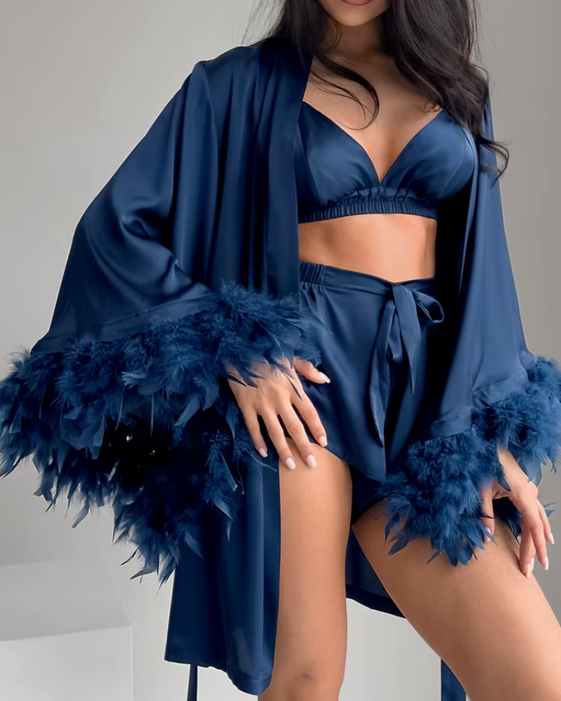 Feathers Long Sleeve Sleepwear Female Bra Casual Suits With Shorts