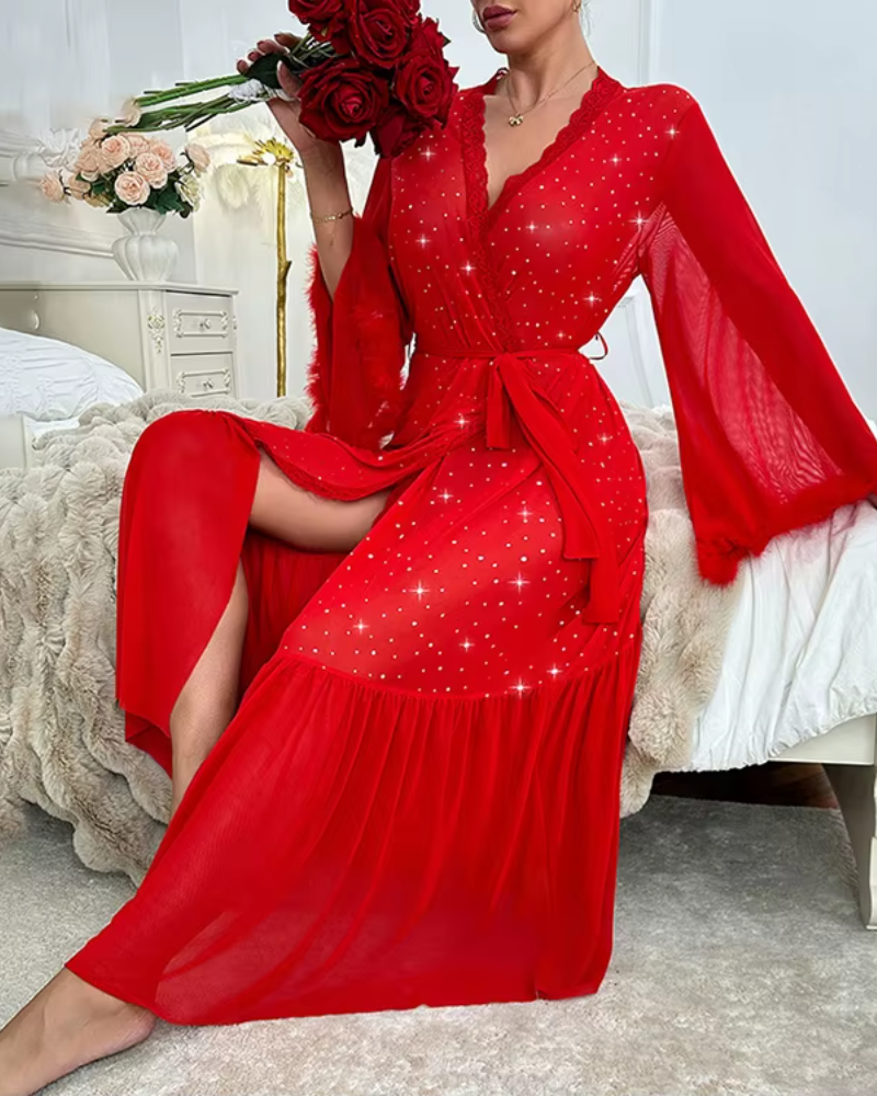 Elegant Long Sleeved Plush Sequined V-neck Shining Night Robe