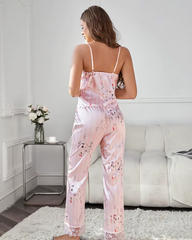 Floral Print Lace Trim Satin Long Pants Pajamas Sleepwear