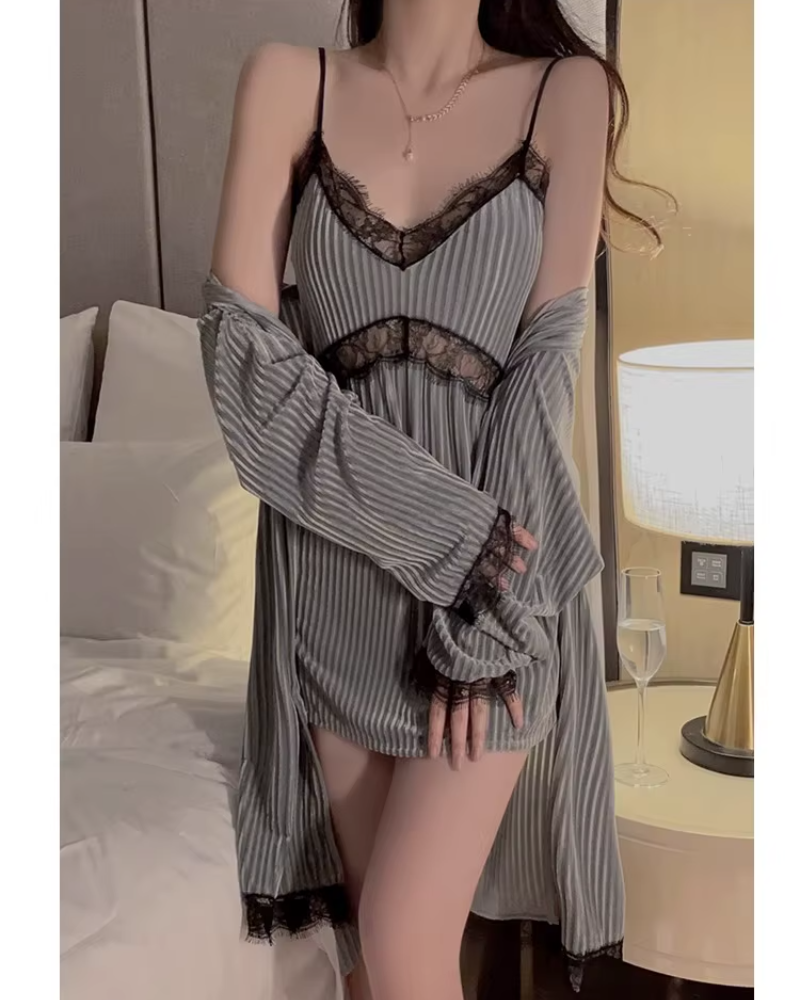 Suspender Simple Lace-up Robe Nightgown Underwear Pajamas Set