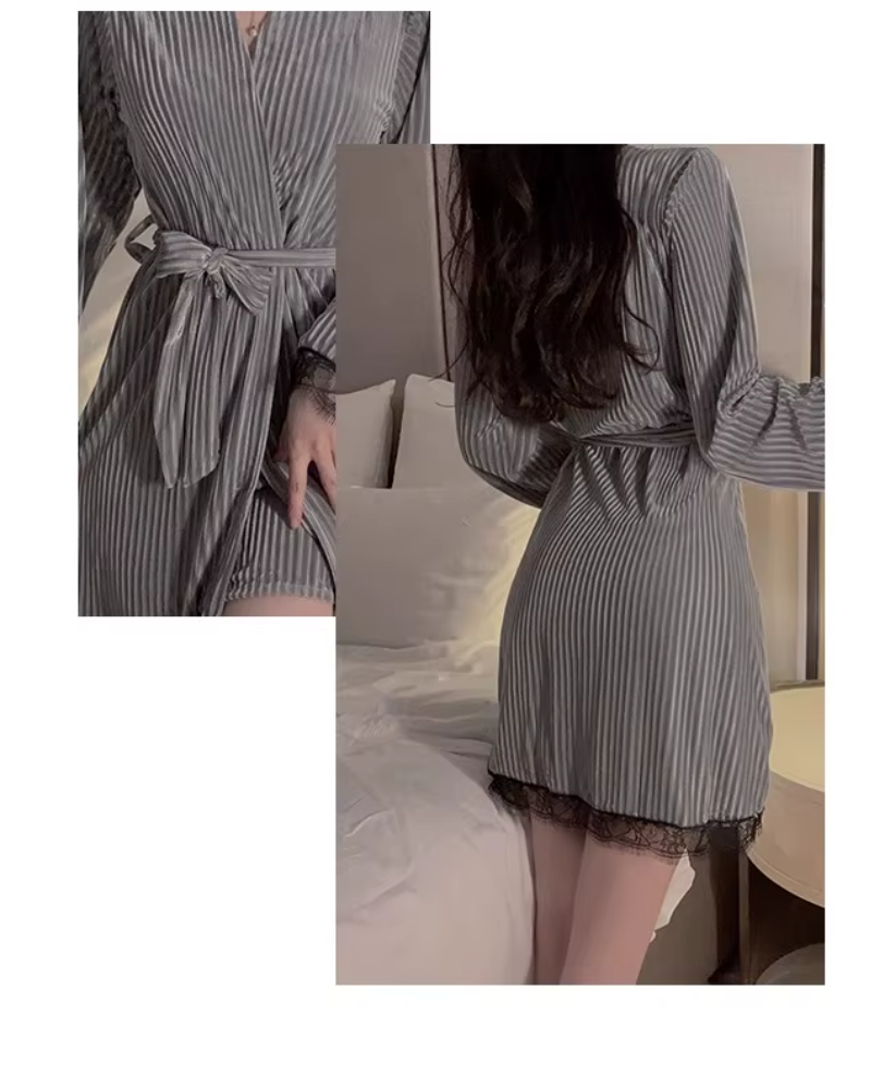 Suspender Simple Lace-up Robe Nightgown Underwear Pajamas Set