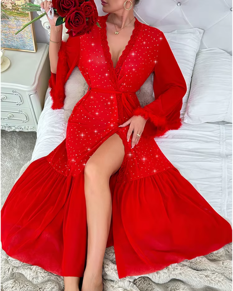 Elegant Long Sleeved Plush Sequined V-neck Shining Night Robe