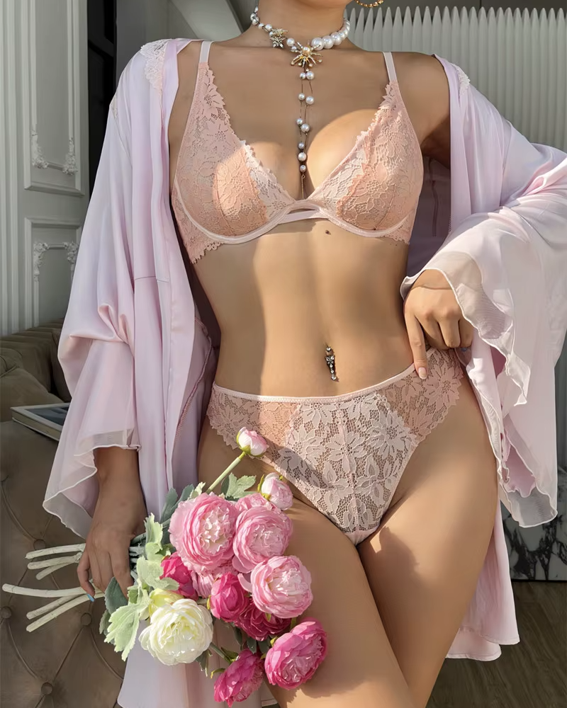 Lace Embroidery Deep V Ultrathin Bralette Push Up Bra Set
