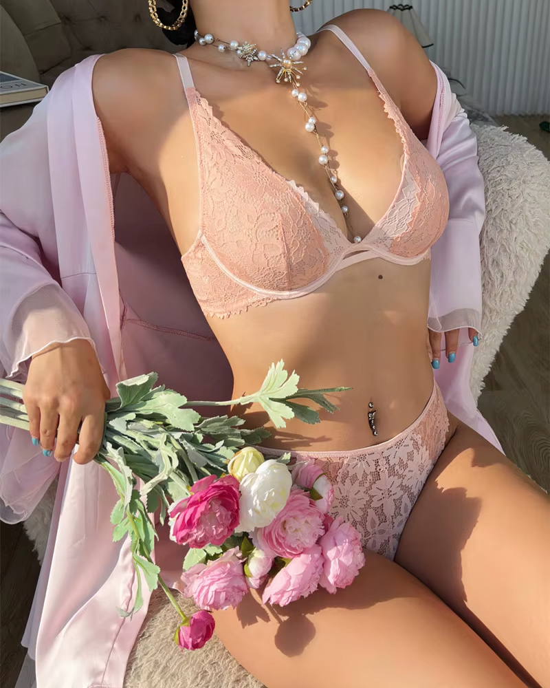 Lace Embroidery Deep V Ultrathin Bralette Push Up Bra Set