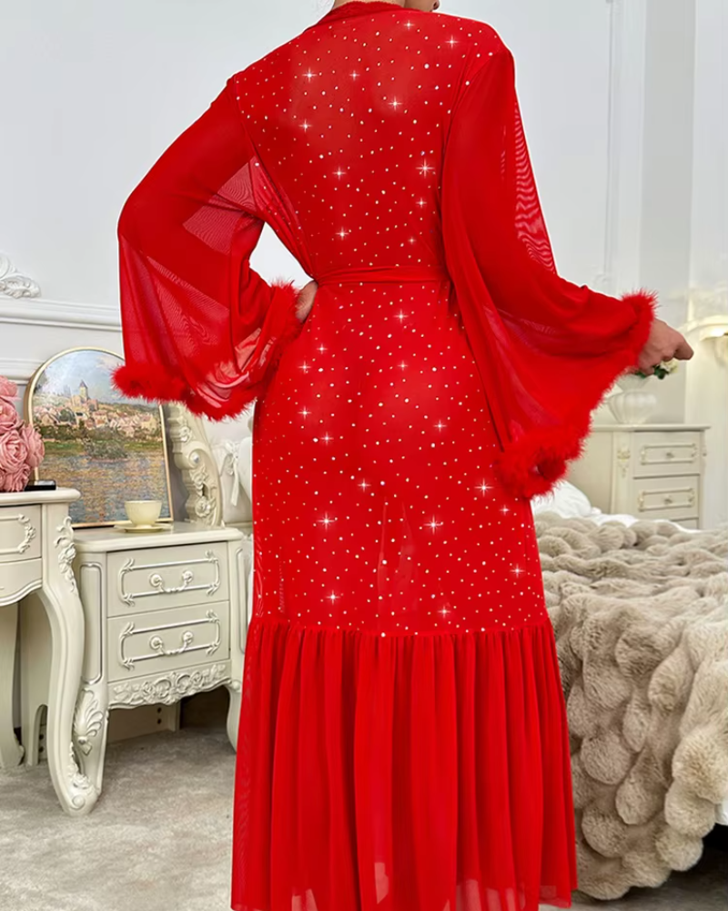 Elegant Long Sleeved Plush Sequined V-neck Shining Night Robe