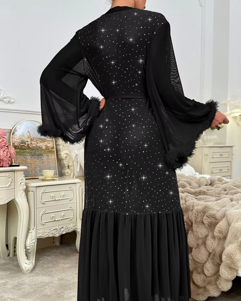 Elegant Long Sleeved Plush Sequined V-neck Shining Night Robe