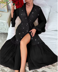 Elegant Long Sleeved Plush Sequined V-neck Shining Night Robe