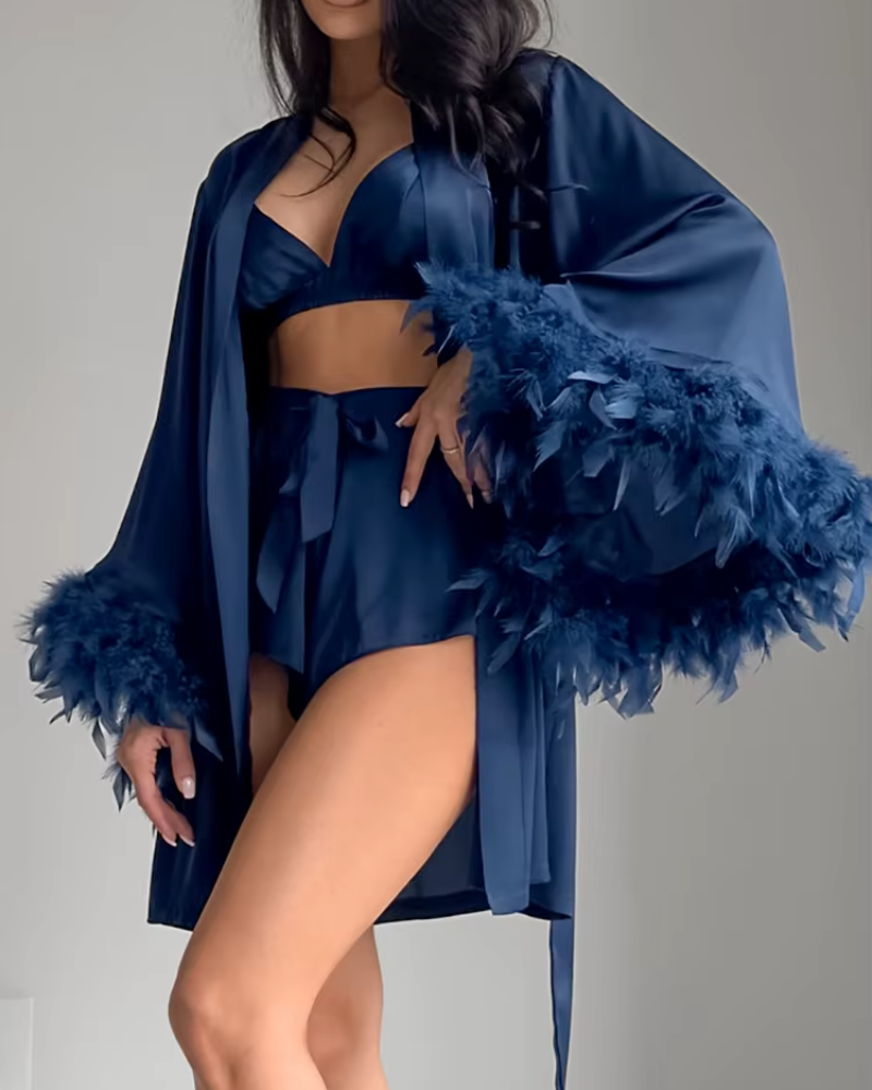 Feathers Long Sleeve Sleepwear Female Bra Casual Suits With Shorts