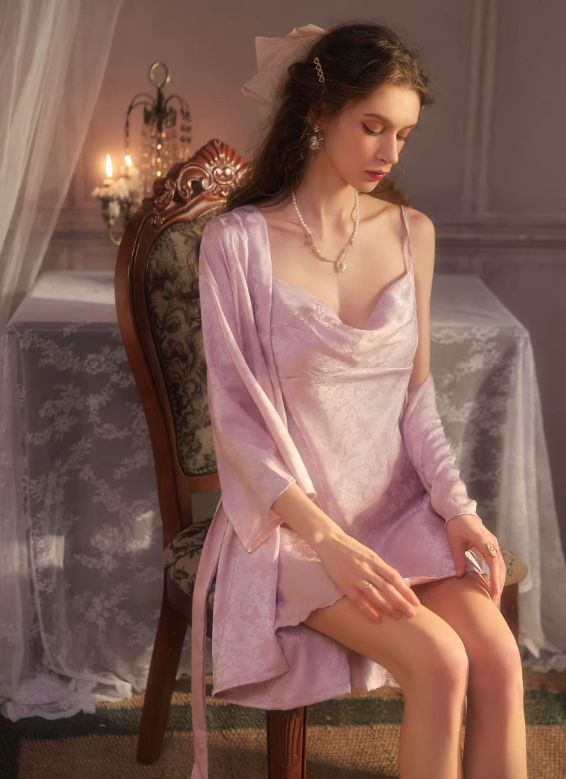 Intimate Suspender Butterfly Satin Nightgown Sleepwear Set