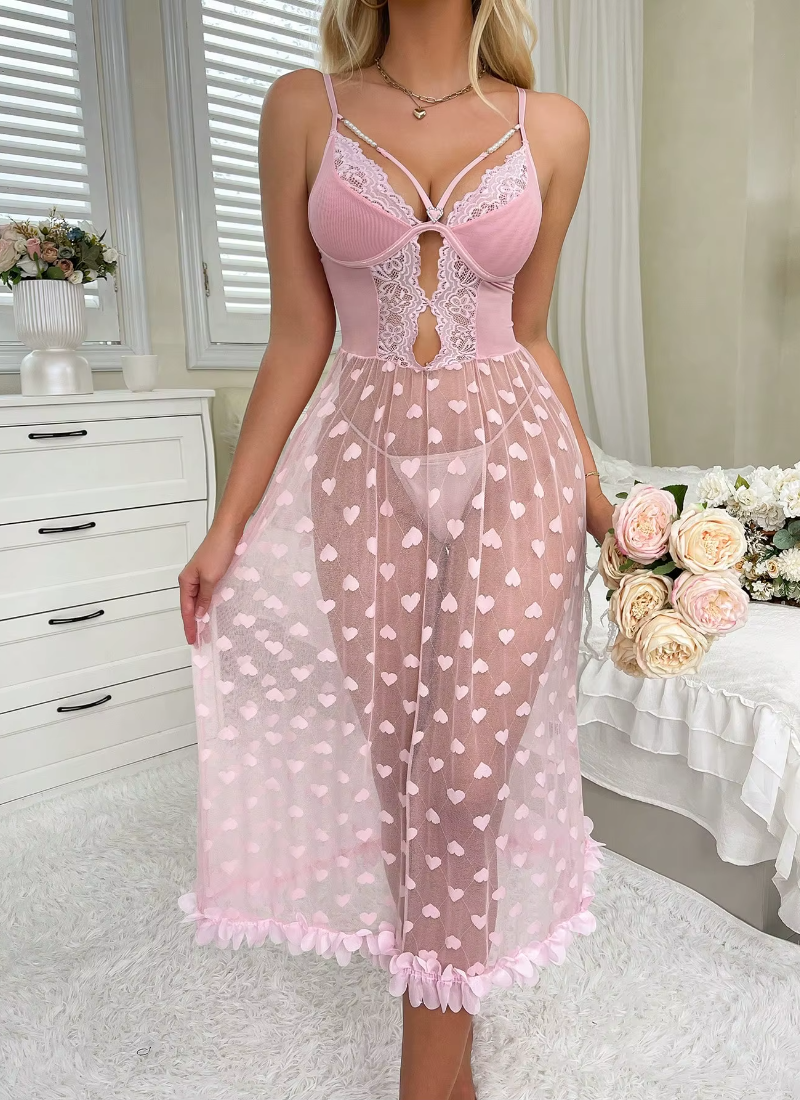 Pearl Intimate Decoration Lace Pajama Long Night Dress