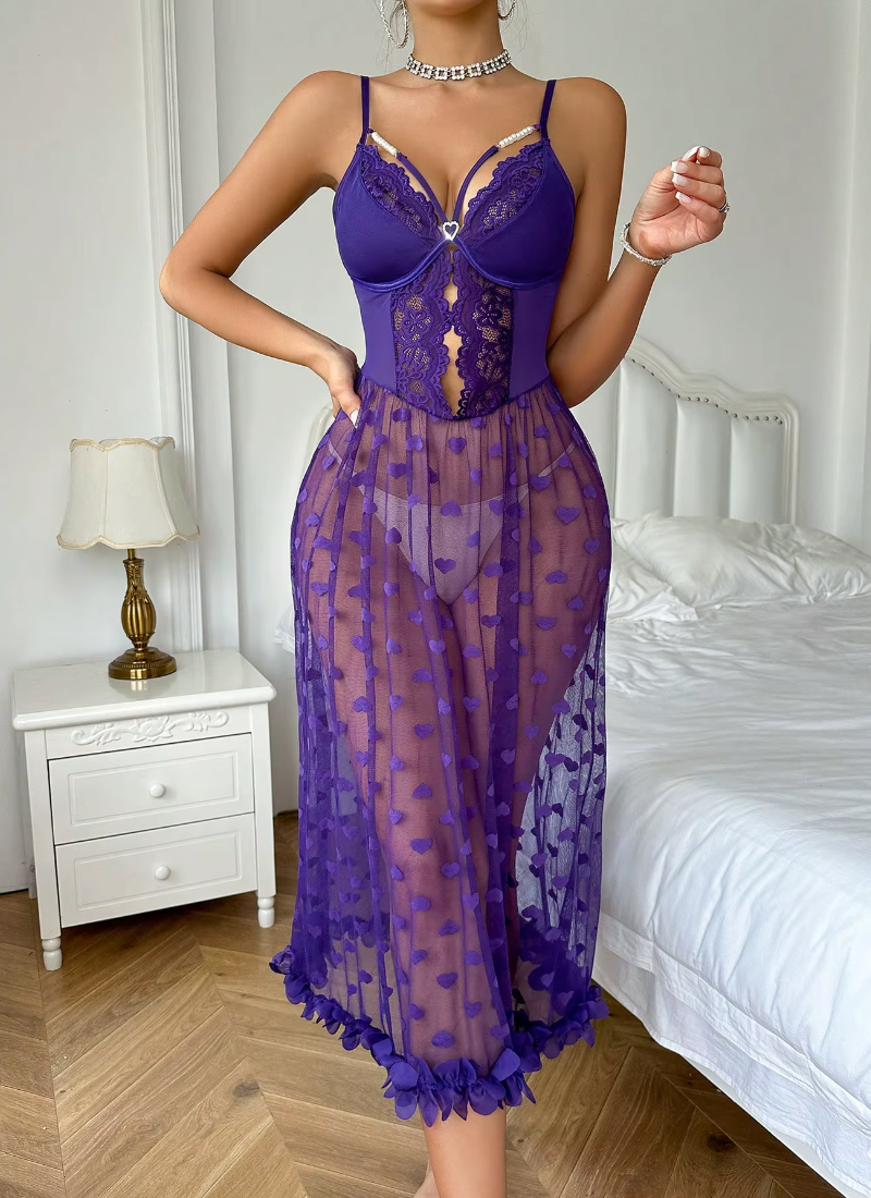 Pearl Intimate Decoration Lace Pajama Long Night Dress