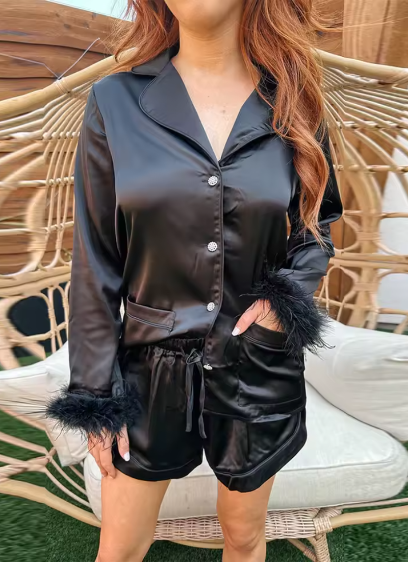 Satin Feather Cuffs Shorts Set Nightdress