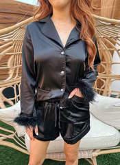 Satin Feather Cuffs Shorts Set Nightdress