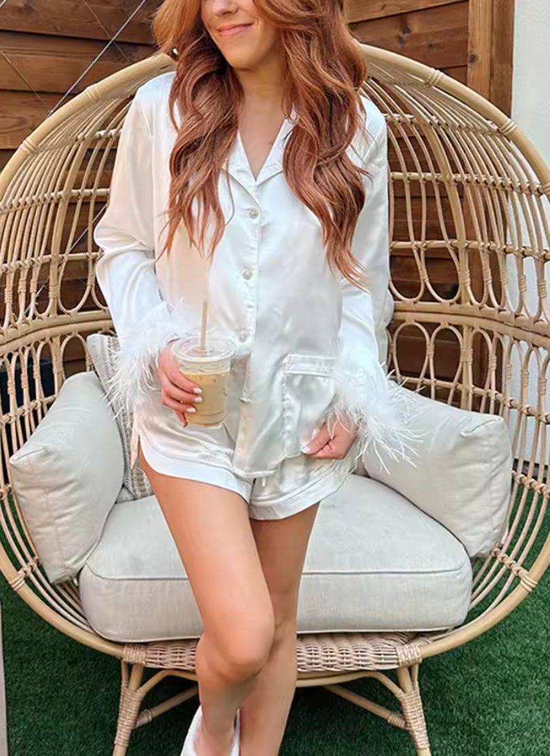 Satin Feather Cuffs Shorts Set Nightdress
