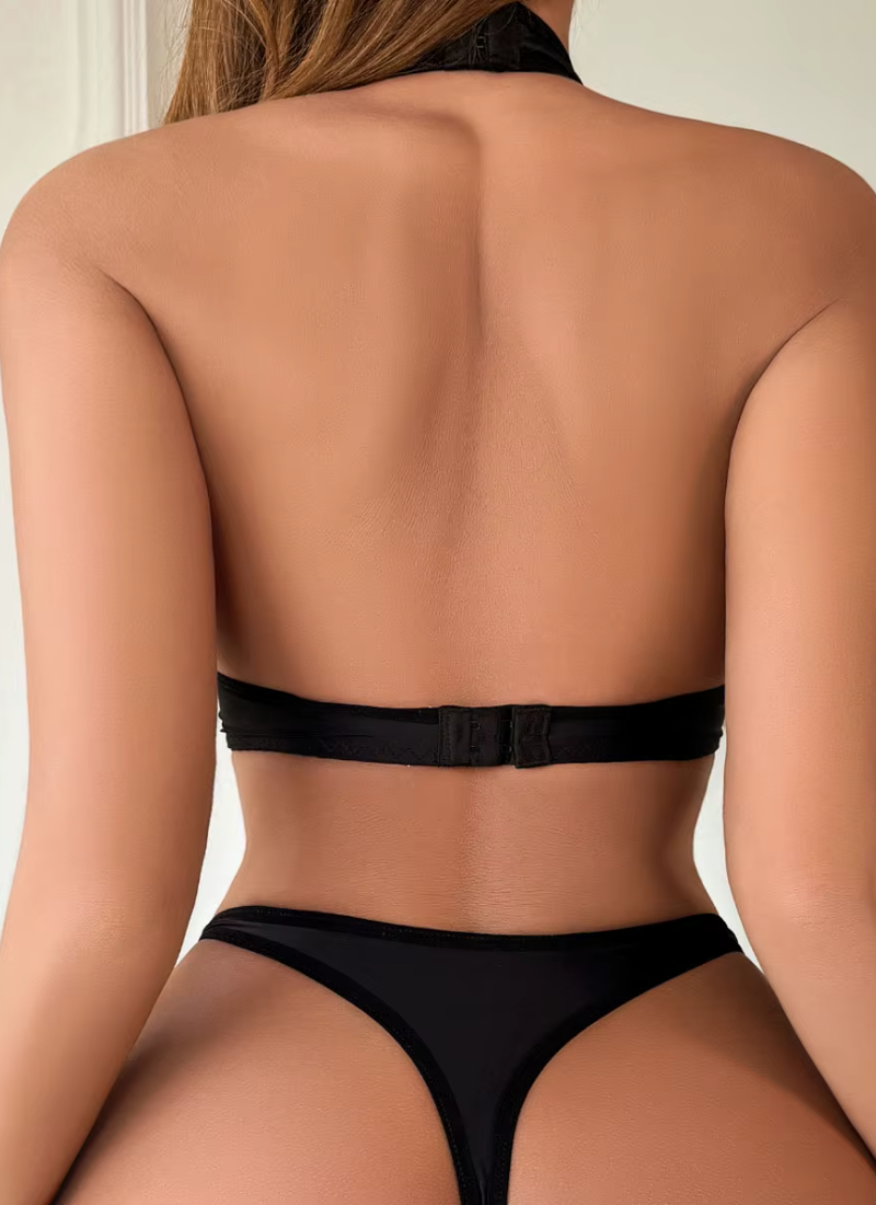 Erotic Hanging Neck Gathered Mould Cups Two-Piece Set