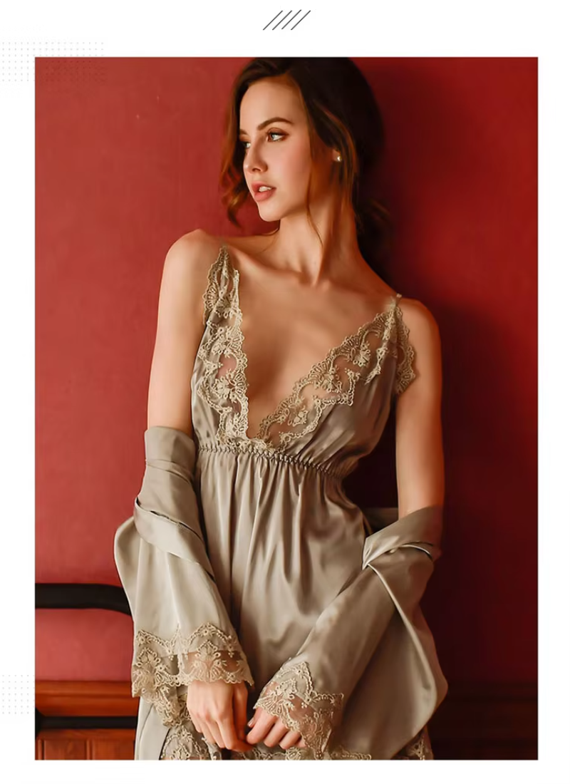 Lace openwork ice silk sling V-neck halter robe and nightdress set