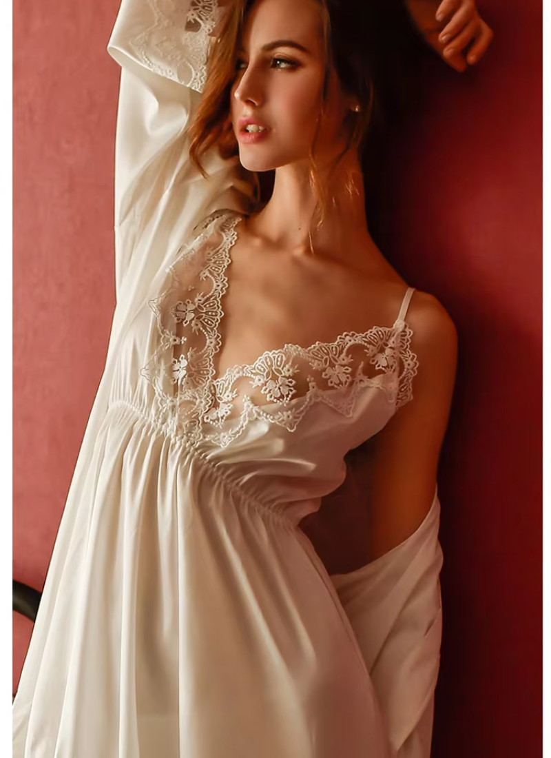 Lace openwork ice silk sling V-neck halter robe and nightdress set