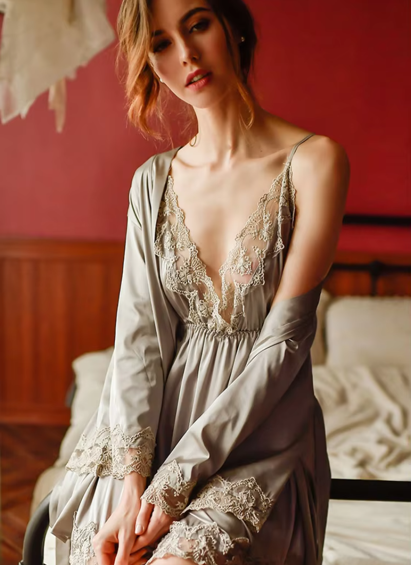 Lace openwork ice silk sling V-neck halter robe and nightdress set