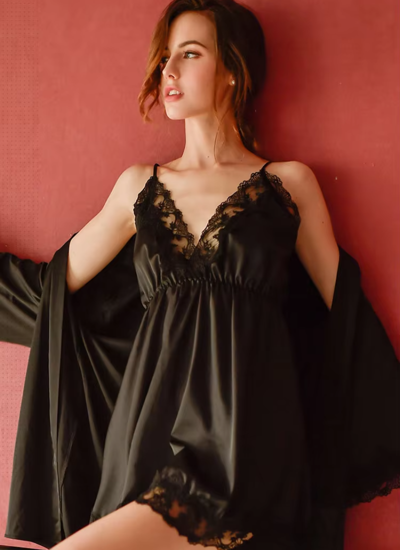 Lace openwork ice silk sling V-neck halter robe and nightdress set