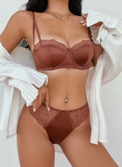 Lace Embroidery Satin Thin Cup Breathable Push Up Bra Set