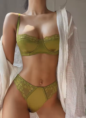 Lace Embroidery Satin Thin Cup Breathable Push Up Bra Set
