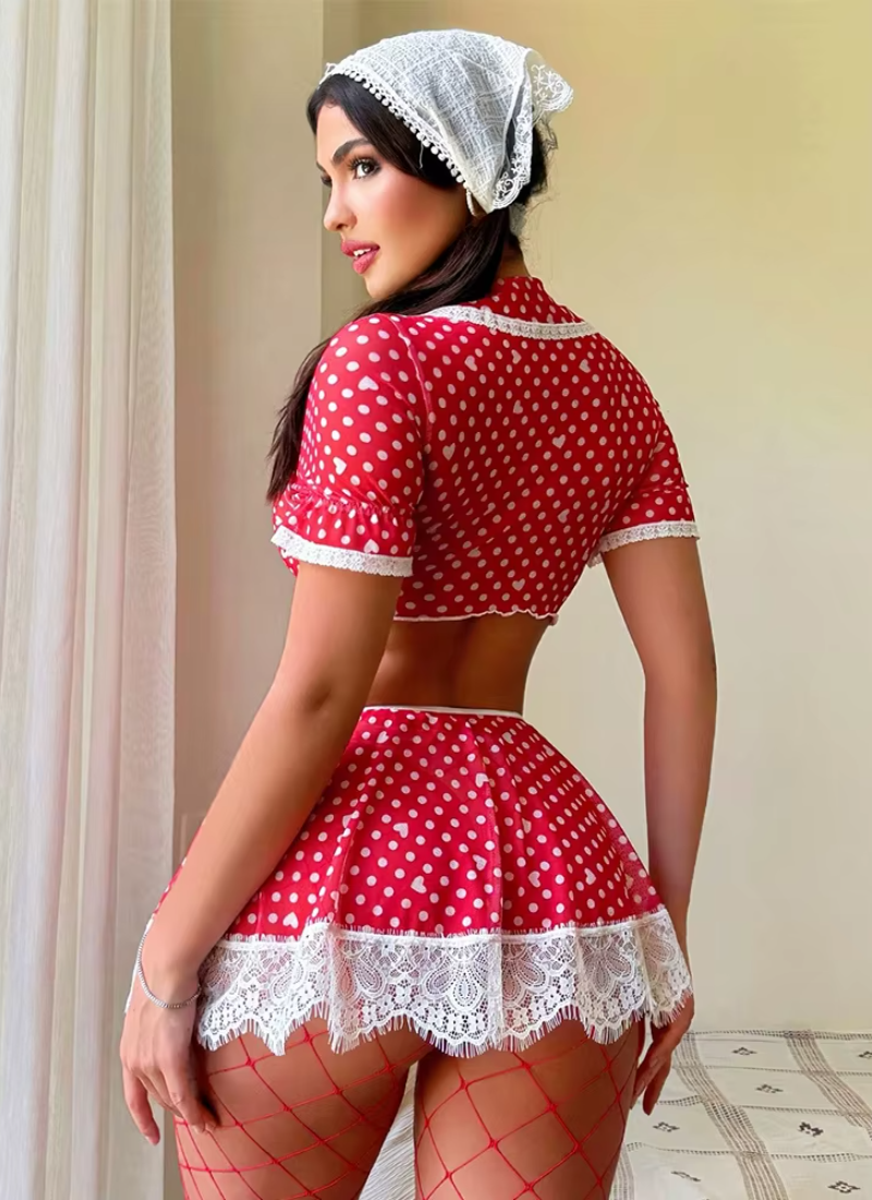 Lace splicing Polka Dot Lingerie V-Neck Crop Top Mini Skirt Thongs 3 Pieces