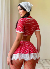 Lace splicing Polka Dot Lingerie V-Neck Crop Top Mini Skirt Thongs 3 Pieces