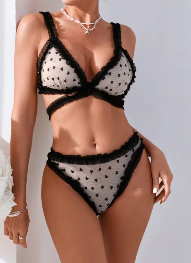 Heart Polka Dot Mesh Underwear No Wire Cute Ruffles Bra and Panties Sets