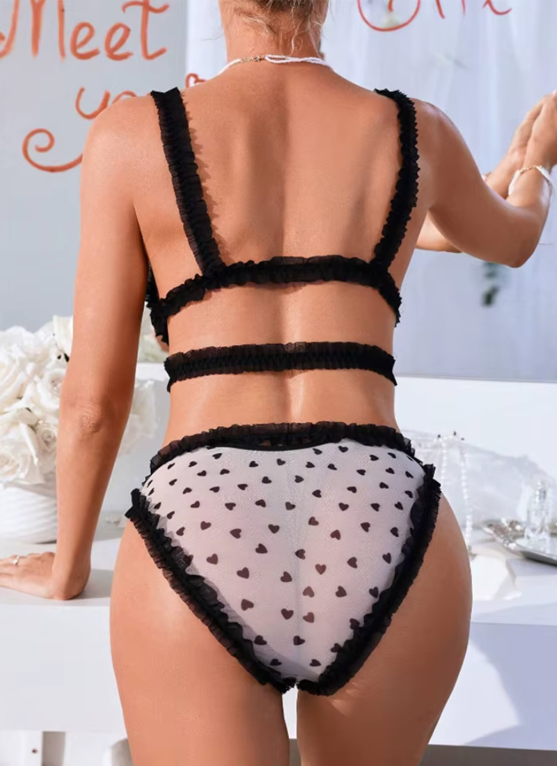 Heart Polka Dot Mesh Underwear No Wire Cute Ruffles Bra and Panties Sets