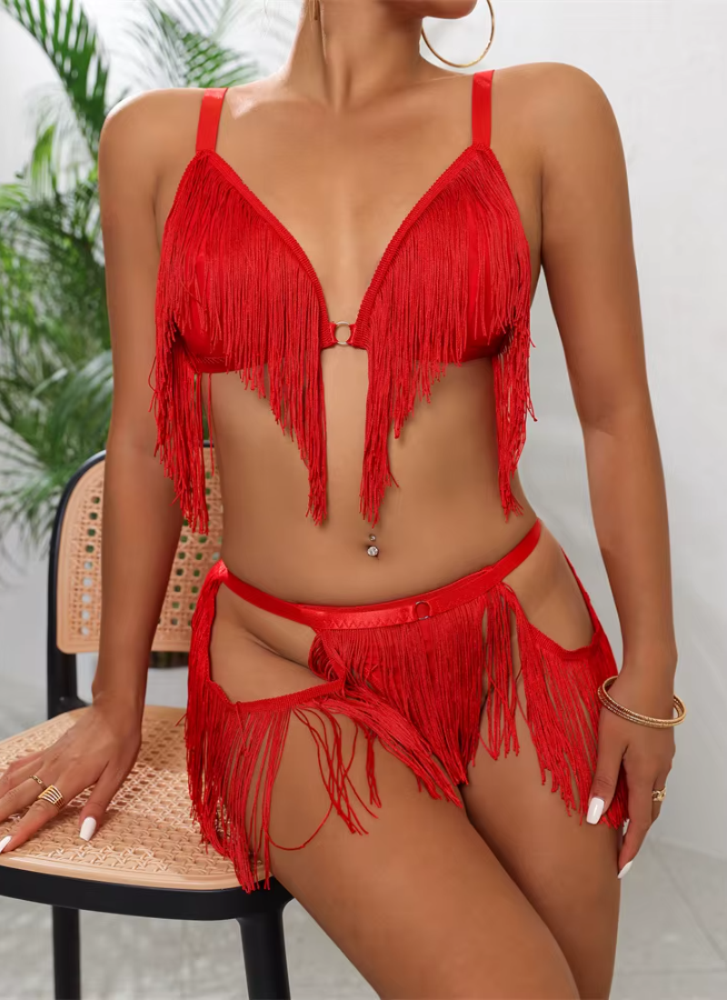 Intimate Deep V Irregular Tassel Lingerie Bra and Panty Exotic Set