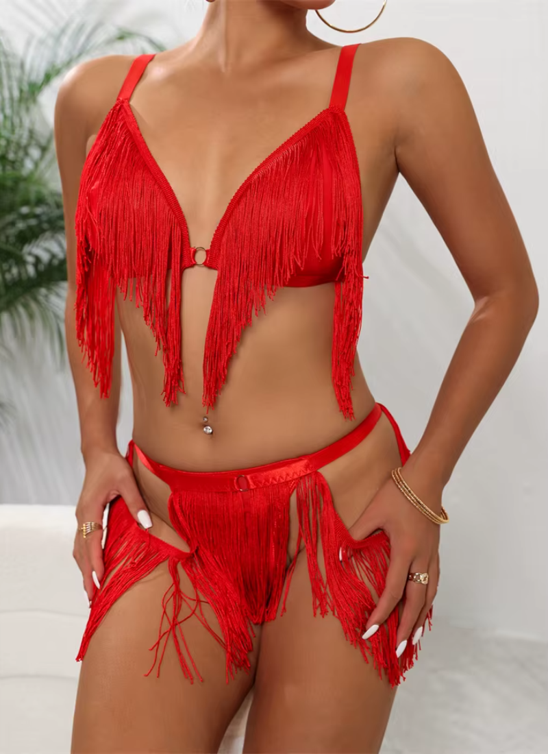 Intimate Deep V Irregular Tassel Lingerie Bra and Panty Exotic Set