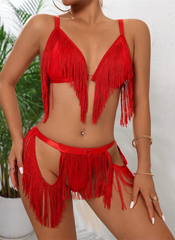 Intimate Deep V Irregular Tassel Lingerie Bra and Panty Exotic Set