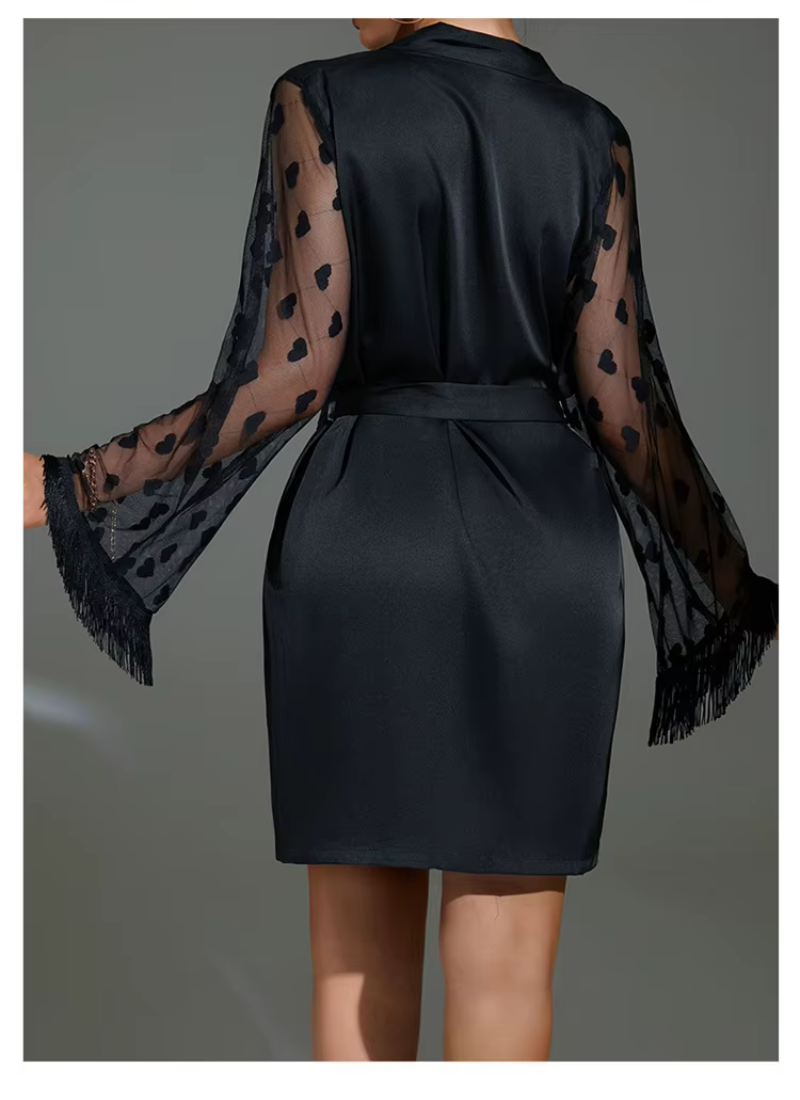 Elegant Heart Mesh Sleeve Dressing Ice Silk Nightgown Outer Robe