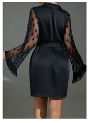 Elegant Heart Mesh Sleeve Dressing Ice Silk Nightgown Outer Robe