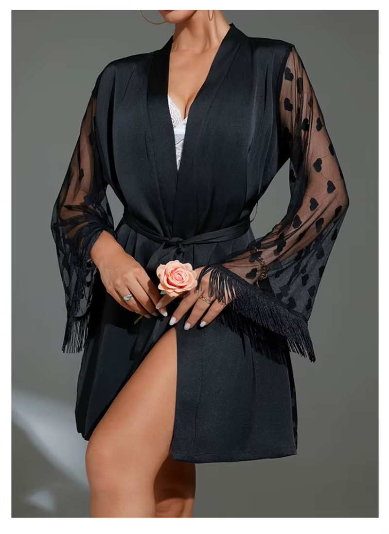 Elegant Heart Mesh Sleeve Dressing Ice Silk Nightgown Outer Robe