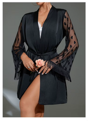 Elegant Heart Mesh Sleeve Dressing Ice Silk Nightgown Outer Robe