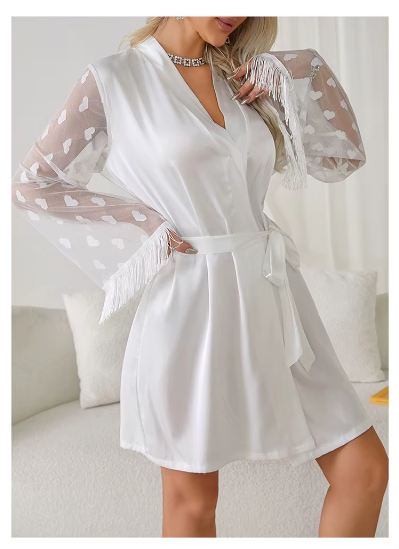 Elegant Heart Mesh Sleeve Dressing Ice Silk Nightgown Outer Robe