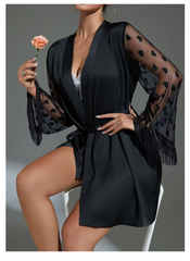 Elegant Heart Mesh Sleeve Dressing Ice Silk Nightgown Outer Robe