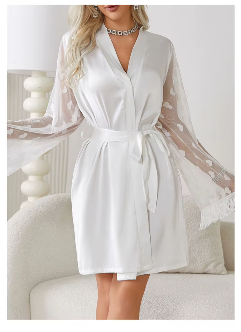 Elegant Heart Mesh Sleeve Dressing Ice Silk Nightgown Outer Robe