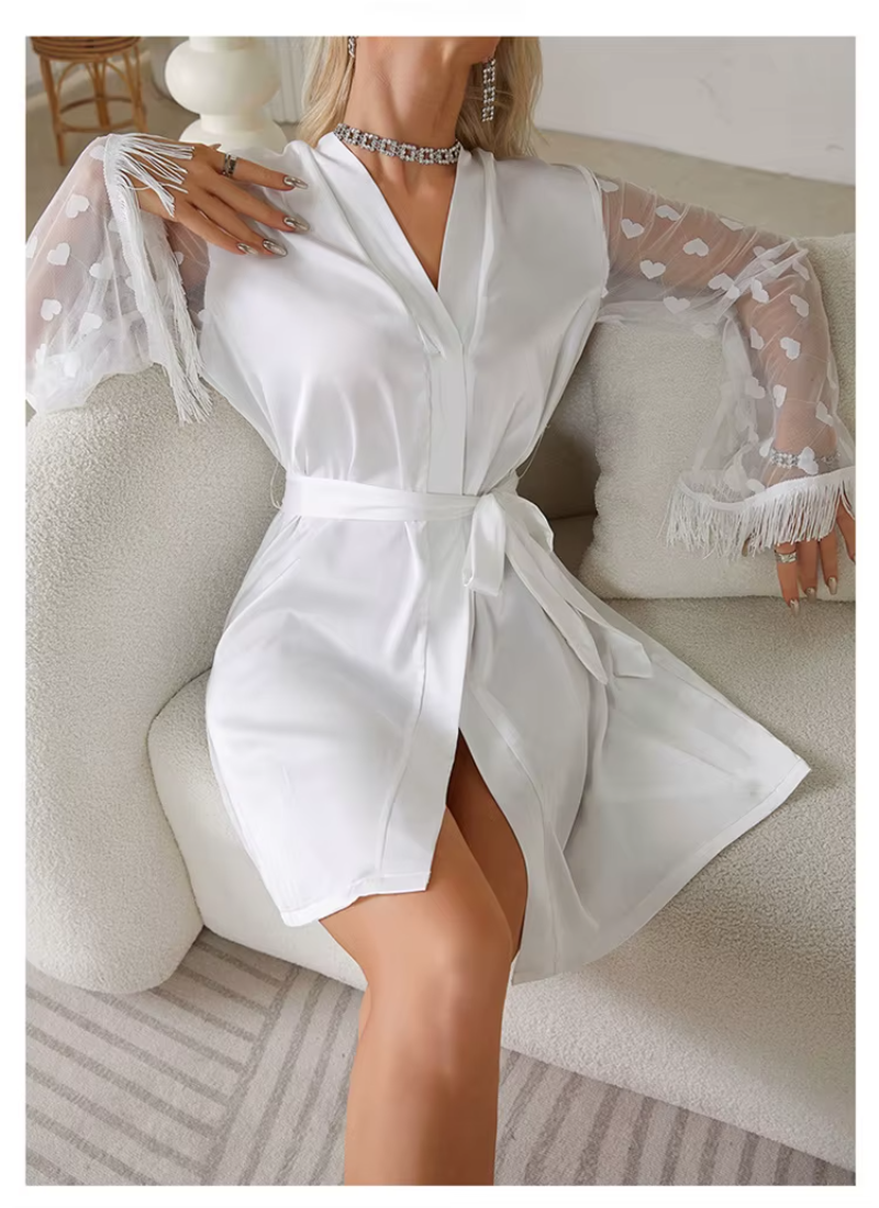 Elegant Heart Mesh Sleeve Dressing Ice Silk Nightgown Outer Robe