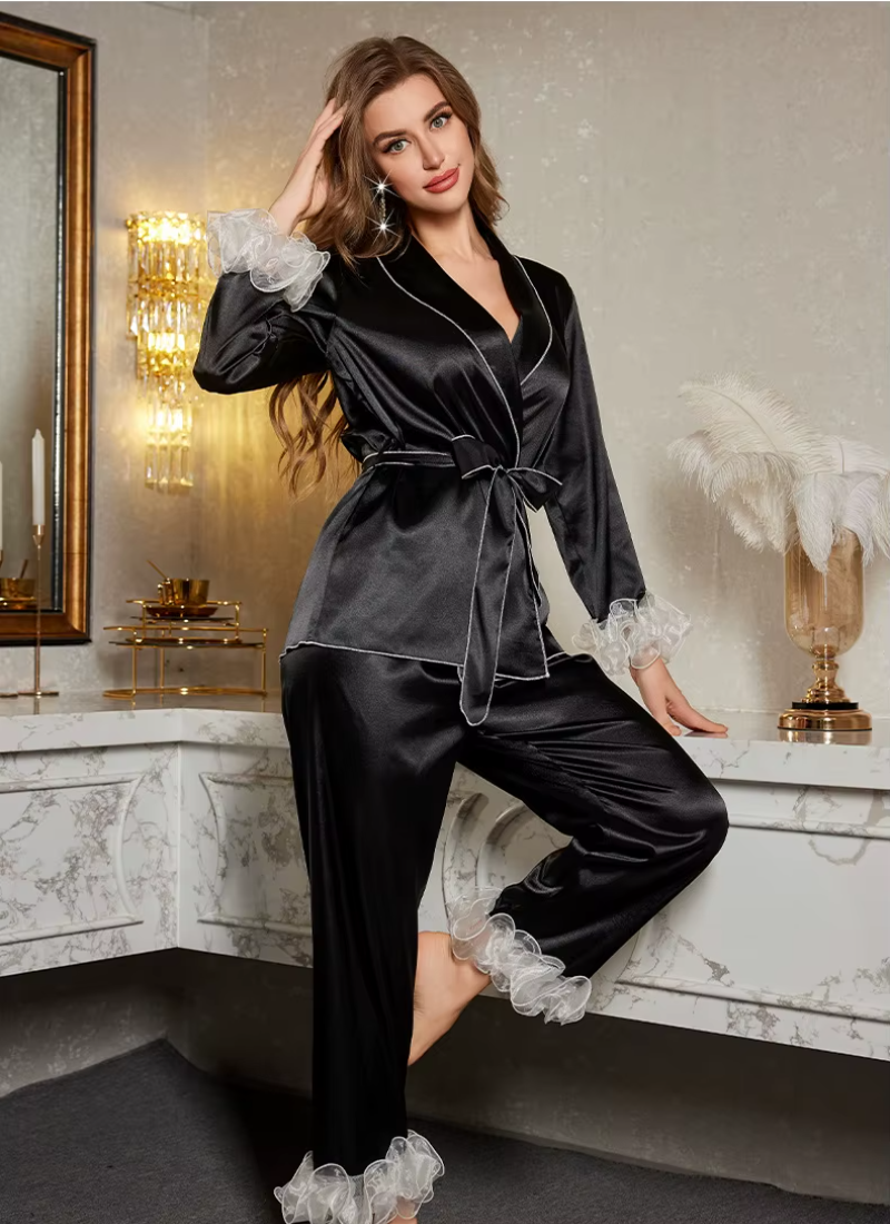Short Robe Cardigan Trouser Suit Pajamas Set