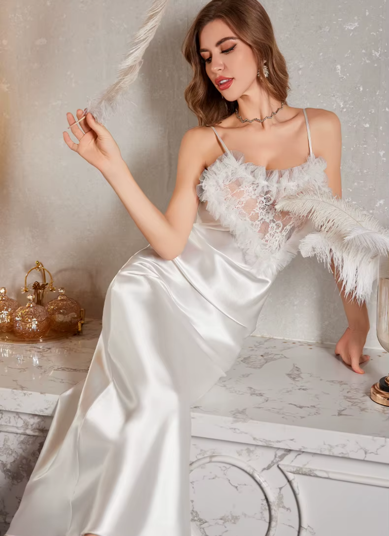 Ice Silk Lace Long Nightgown Suspender Sleepwear