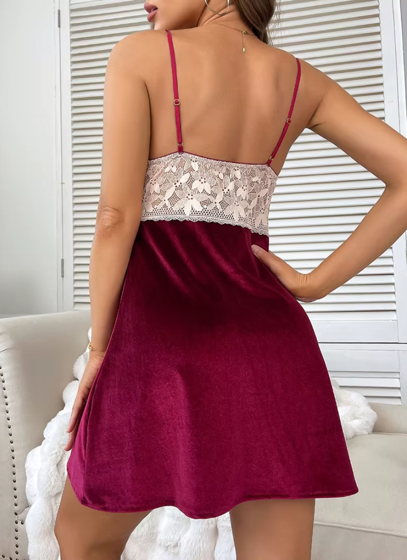 Velvet Pajamas V-Neck Backless Lace Splicing Slip Night Dress