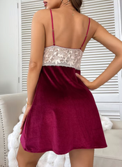 Velvet Pajamas V-Neck Backless Lace Splicing Slip Night Dress