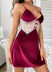 Velvet Pajamas V-Neck Backless Lace Splicing Slip Night Dress