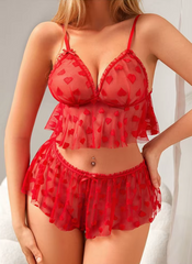 Heart Print Transparent Lingerie Breathable Bow No Wire Bra Set