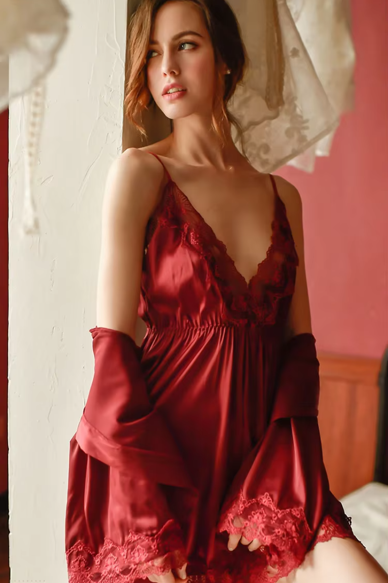 Lace openwork ice silk sling V-neck halter robe and nightdress set
