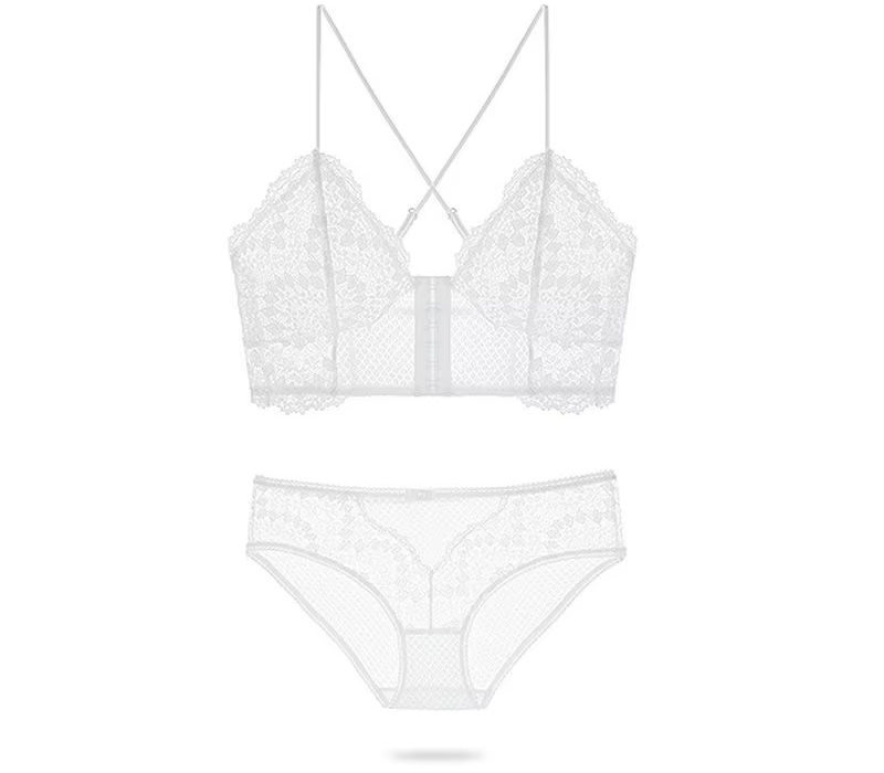 Lace Floral Embroidery Back Slim Front Buckle Wire Free bra and brief sets